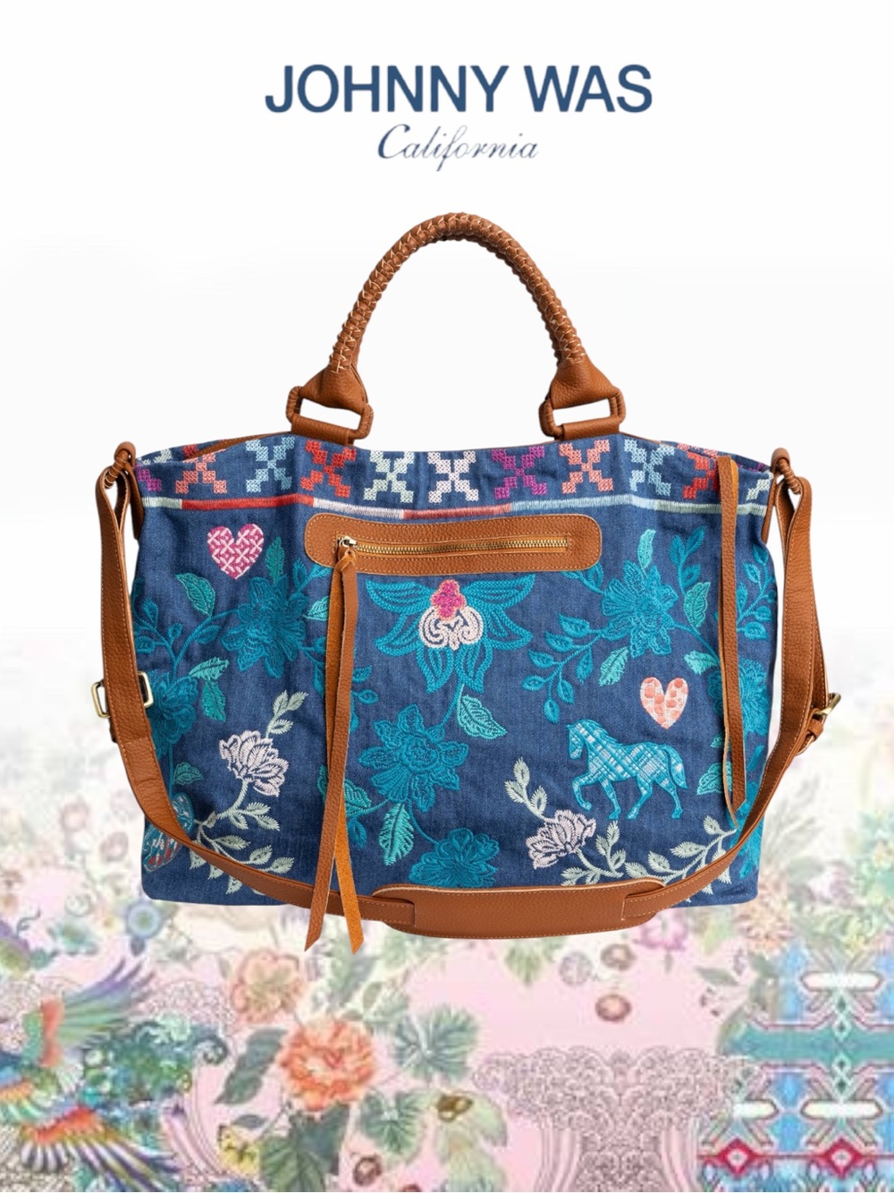 NWT Johnny Was Denim Embroidered Overnight Weekender Bag SOLD OUT IN STORE!